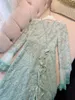 2023 Summer Green Floral Print Beaded Lace Dress Long Sleeve V-Neck Ruffled Midi Casual Dresses C3L041415