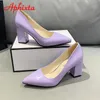 aphixta new 2.9inch Poinded Tou Patent Leather Shoes Women Pumps Purple Colorful Thick Heels Work Toed Toe Heels Plusサイズ50
