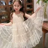 Flickans klänningar Nya sommars paljetter Girls For Kids Strapless Elegant Birthday Princess Dress Flower Wedding Party