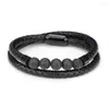 Bangle Men's Leather Armband Black Lava Beaded Multi-Layer Woven rostfritt stål Magnetlås Pulsera Hombre