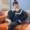 女性用スリープウェアボウかわいい綿女性パジャマセット韓国のファッション女の子ホームスーツプラスサイズピジャマスリーピングトップパンツ