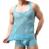 Mannen Sexy Mesh Sheer Visnet Tank Tops Boxers Hollow Gym Training Tanks Top Mannen Mannelijke Sexy Spier Slim Fit tee Vest Boxers