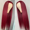 Burgundy kırmızı düz dantel ön insan saç perukları 13x4 dantel frontal peruk şarap kırmızı peruklar şeffaf dantel sentetik peruklar kadınlar için prepucked