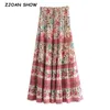 Skirts Bohemia Contrast color Floral Print Long Skirt Stitching Ruched Ruffle Hem Holiday Women Elastic Waist Swing Beach 230607