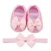 First Walkers 0-12M Filles Baby Shower Chaussures Et Bandeau Ensemble Bowknot Tressé Mary Jane Robe Plate