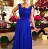 2023 Nova Chegada Elegante Bainha Chiffon Azul Real Vestidos Mãe da Noiva Manga Boné Frisado Renda Até o Chão Casamento