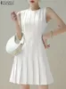 Basic Casual Dresses ZANZEA Elegant Women Tank Dress Casual Round Neck Solid Pleated Mini Dresses Summer Fashion Sleeveless Commuting OL Short Robes 230606