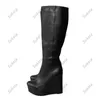 Sukeia Handwork Women Winter Knee Boots Matt Wedges Heels Round Toe Gorgeous Wine Red Club Shoes Ladies US Plus Size 5-20