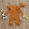 Rompers Autumn born Baby Boys Girls Clothes Cotton Ribbed Long Sleeve Baby Jumpsuit Cute Solid Zipper Romper Baby ClothingHeadband 230606