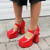 Sandaler Storlek 45 Wide Fit Ladies Pumps High Platform Chunky Heels Shoe Square Toe Women Buckle Strap Mary Jane Shoes