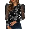 T-shirt da donna 2023 Camicia elegante da donna sexy Top girocollo in pizzo a maniche lunghe con stampa floreale camicetta moda casual streetwear pullover