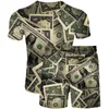 Herrespår y2k herr överdimensionerade korta ärm shorts USD-räkningar pengar 3d tryckta t skjortor set besättning hals mode gata casual 2-stycken