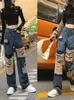 Jeans pour femmes femmes droites Denim pantalon femmes poches déchiré long Streetwear décontracté Baggy pantalon dames trou Patch Cargo G105