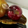 Decoración colorida de mesa con frutas de manzana roja sintética y pera amarilla en bandeja de hojas de metal de bronce, 19 ancho x 10 largo x 9 alto