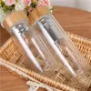 Portable Bamboo Lid Water Cups Double Walled Glass Tea Tumbler Strainer Infuser Basket Glass Transparent Water Bottles