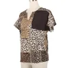 Blusas femininas de alta qualidade personalizadas patchwork leopardo morcego manga curta decote entalhado casual senhoras tops camisas blusa para mulheres mãe