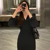 Casual Dresses Women's Elegant Dress Chic Spring Autumn Hepburn Style Thin V-Neck Cross Waist Tie-Up Mermaid Little Black