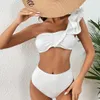 Swim Wear 2023 Sexy Cintura alta Volantes Bikini Conjuntos Sólido Blanco Bandeau Traje de baño Mujeres Trajes de baño Traje de baño Brasileño biquini Verano 230605