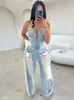 Kvinnors jumpsuits Rompers Sifreyr Axless Blue Denim Jumpsuit Women Fashion Tassel V Neck Backless Romper Casual Streetwear Wide Bens Overalls 230607