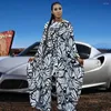 Ethnic Clothing Elegant Rompers 2023 Autumn Sexy Women's Jumpsuits O-collar Long Bat Sleeve Wide Leg Playsuits Print Design Africaine