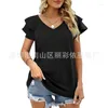 Women's T Shirts 2023 Summer Women's T-shirt Solid Color V-Neck Double Layer Kort ruffle ärmar Lossa Tees Ladies Casual Top Female