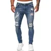Mens Jeans män rippade hål denim byxor fickor knappen mager långa byxor mitt midja hiphop punk slimfit casual streetwear 230606