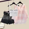 Women's Two Piece Pants Fashion Tie-dyed Shorts Sunscreen Plaid Shirt Pink Bra Three-piece Elegant Women's Pants Set Summer Outfits Tracksuit for 230606