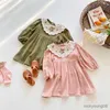 Girl's Dresses Vintage Embroidery Cotton And Linen Girls Dress Spring New Flowers Lapel Long-Sleeved Kids Princess WT842