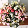Flores decorativas 30cm 10 cabezas ramo de Camelia artificial seda peonía rosa de té con hoja para el hogar decoración de la boda novia flor falsa