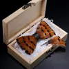 Neck Ties KAMBERFT design handmade feather bow tie brooch wooden box set high quality mens bowtie leather for wedding party banquet 230605