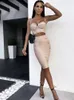 Two Piece Dress Women Summer Sexy Sleeveless V Neck Button Beige Pink Mini Bodycon Bandage Set Elegant Evening Club Party Outfits 230607