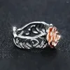 Wedding Rings Delicate Rose Flower For Women Antique Silver Color Hollow Bicolor Bands Engagement Valentine Day Birthday Jewelry