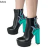 Sukeia Handmade Women Winter Ankle Boots Flame Back Zipper Round Toe Chunky Heels Green Party Shoes Ladies US Plus Size 5-20