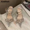 Aneikeh Spring/Autumn 2023 Women's Shoes Fashion-Butterfly-Band Bling Pling Patchwork Cross-Trible Crystal Pumps Ate Pumper