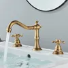 Bathroom Sink Faucets Antique Brass Faucet 3 Holes Basin Deck Mount Tap Cold Water Double Cross Handles Mixer Taps