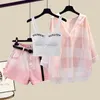 Calças femininas de duas peças moda shorts tingidos com protetor solar camisa xadrez sutiã rosa conjunto de calças femininas elegantes de três peças roupas de verão para 230606