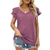 Women's T Shirts 2023 Summer Women's T-shirt Solid Color V-Neck Double Layer Kort ruffle ärmar Lossa Tees Ladies Casual Top Female