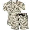 Herrespår y2k herr överdimensionerade korta ärm shorts USD-räkningar pengar 3d tryckta t skjortor set besättning hals mode gata casual 2-stycken