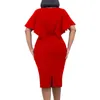 Etnische Kleding Zomer Elegante Afrikaanse Vrouwen Korte Mouw Polyester O-hals Rood Wit Blauw Knielange Bodycon Jurk Jurken