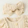 Rompers Baby Girls 3Pcs Spring Outfits Long Sleeve Button Front Ruffle Romper Socks Headband Baby's Sets Born Items 230606