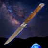 Promozione A2367 Coltello pieghevole Flipper 3Cr13Mov Modello laser Drop Point Lama Legno / Lamiera d'acciaio Manico Cuscinetto a sfera Coltelli tascabili EDC ad apertura rapida con fodero in pelle