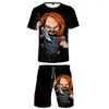 남성용 트랙 슈트 공포 영화 Chucky 세트 2 조각 세트 여름 짧은 슬리브 티셔츠 반바지 패션복 스트리트웨어 옷