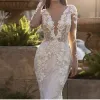 Luxe Dentelle Appliques Paillettes Sirène Robe De Mariée Col En V À Manches Longues Backles Balayage Train Robe De Mariée Robes De Noiva