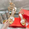 Sandália plataforma dourada rene caovilla Designer flor strass Pingente de cristal sapato feminino 13CM salto alto Broca de água cobra enrolamento Sandália 35-43 com caixa
