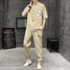 Agasalhos masculinos 2023 verão masculino estilo chinês tan terno masculino tradicional tai chi retrô camisa com decote em O tornozelo calças masculinas conjuntos hanfu agasalho