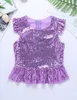 T-shirts Kids Girls Mermaid Costume Sparkly Sequins Short Flutter Sleeves Ruffle T-shirts Dance Performance Carnival Birthday Party Tops 230606