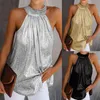 Kvinntankar Camis Womens Fashion Shiny Halter Neck Tank Tops Vest Ladies Summer Casual Solid Color Sleeveless T Shirt Blus Black Gold Silver 230607