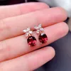 Stud Earrings Little Clover Flowers Red Crystal Ruby Gemstones Diamond For Women 14k White Gold Silver Color Jewelry Accessories