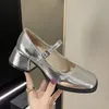 Rimosy Gümüş Kalın Topuklular Mary Jane Ayakkabı Kadınlar 2022 Toka Kayış Kare Toe Pompalar Kadın Med Heele Patent Deri Ayakkabı Kadın
