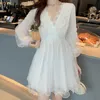 Jurken Jielur Mesh V-hals Dames Tutu Jurk Charmant Zomer Koreaans Borduren Witte Jurken Geplooide Ruches Sexy Vintage Roupas Feminina